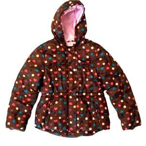 𝅺FADED GLORY Girls Sz L 10-12 Brown Puffer Coat Jacket Pink Polka Dots & Hearts